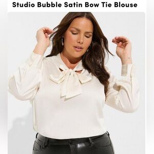 Torrid Studio Bubble Satin Bow Tie Blouse